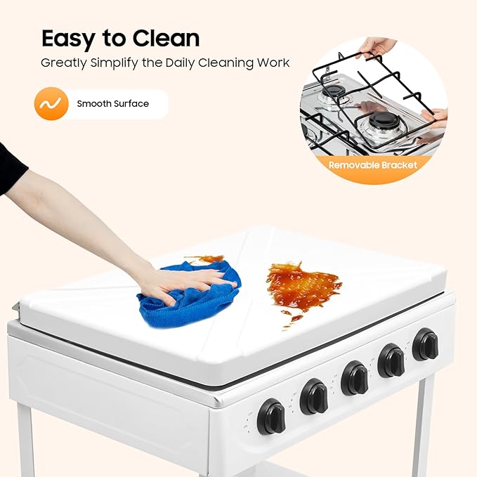 5 Burner Gas Stove Portable Natural Gas Camping Grill Stove Floor Standing Cooktop Cooker with Storage Stand and Wind Blocking Cover Manual Ignition for Outdoor RV (White)