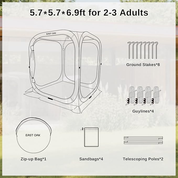 East Oak Screen House Tent Pop-Up, Portable Screen Room Canopy Instant Screen Tent 6 x 6 FT with Carry Bag for Patio, Backyard, Deck & Outdoor Activities, Beige
