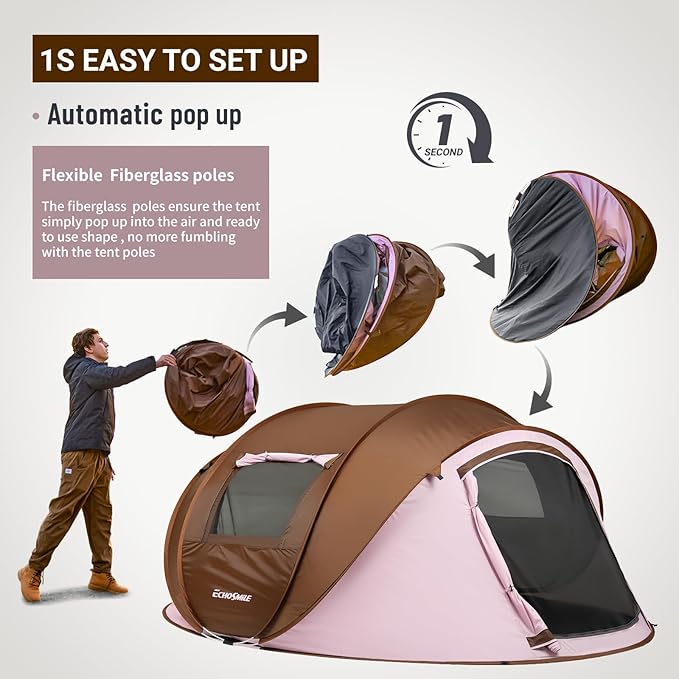 EchoSmile Instant Pop Up Camping Tent, 2/4/6 Person, Easy Setup Tent, Water Resistant Dome, Portable with Carry Bag