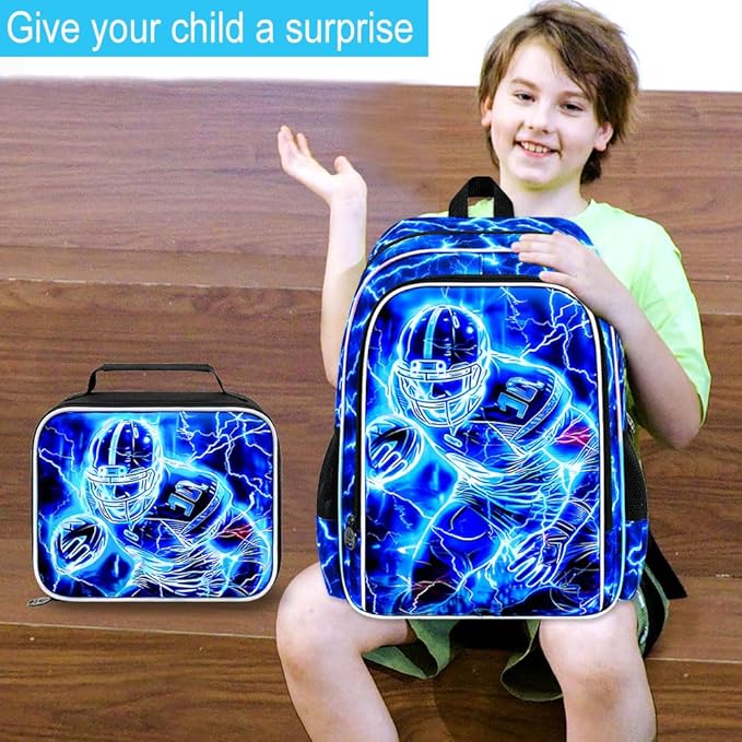 17" Football Backpack for Boy, 3Pcs Lightning Bookbag for Elementary Preschool Kindergarten, Kids School Backpacks with Lunch Box (Blue)