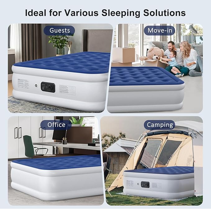 Full Air Mattress with Built-in Pump, 18" Raised Inflatable Bed Blow Up Mattress, Comfort Portable Air Bed for Camping, Home Guests, Travel 650 lbs Max