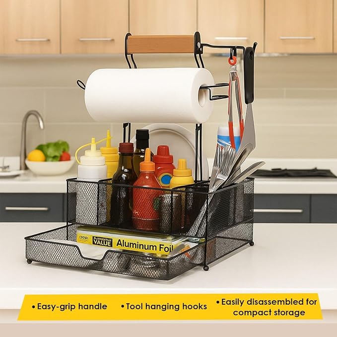 BBQ Grill Caddy with Paper Towel Holder, Utensil & Condiment Organizer, Large Metal BBQ Caddy for Outdoor Grill, Camping, RV, Tailgating, Picnic, Patio, Gifts for Men