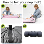 Custom Toddler Nap Mat for Preschool, Personalized Name Kids Sleeping Bag with Bear Parrern for Daycare, Roll Up Sleeping Mat with Removable Pillow and Soft Dot Minky Blanke for Girls Camping