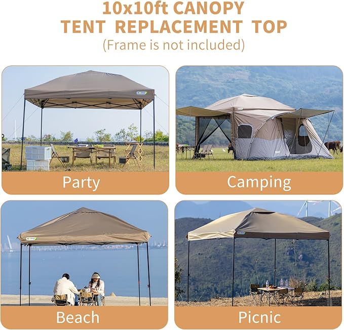 MOQI 10x10 Canopy Replacement Top Cover with 2 Air Vents, Silver Coated Waterproof 150D Oxford Fabric Pop Up Tent for Straight Leg Gazebo Garden Patio Camping Picnic (Khaki, 10x10 ft)