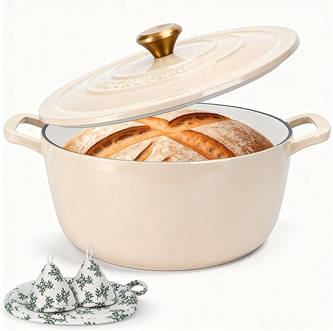 Enameled Cast Iron Dutch Oven with Lid – 5QT Heavy-Duty Pot, Oven Safe up to 500°F, Dual Handles, Ideal for Sourdough Bread Baking, Stews, Roasting, Braising – All Cooktops, Durable & Versatile Cookware (Ivory)