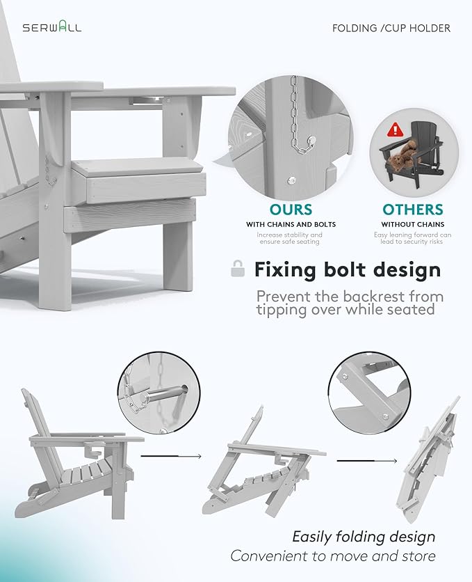 SERWALL Adirondack Chair with Cup Holders - Composite Adirondack Chairs Set of 8 HDPE Outdoor Chairs All Weather Use- Silver Gray