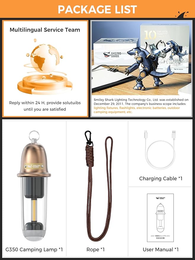 Smiling Shark Camping Ambient Lighting, XPE LED Small Tent Light with Lanyard Rechargable IPX4 Waterproof White & Warm Light Mode Wearable Portable Camping Lantern for Outdoor Hiking Emergency Picnic
