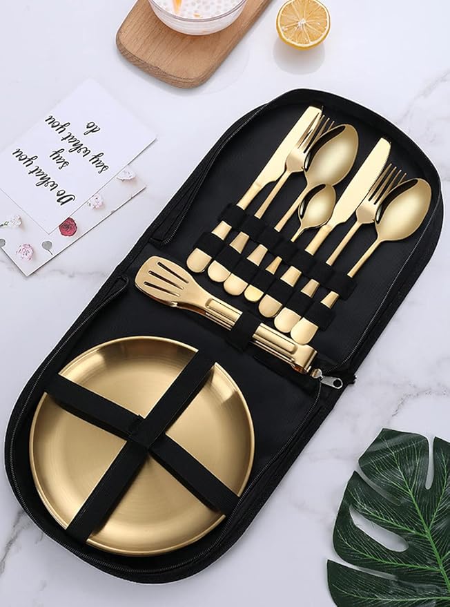 Travel Portable Rose Gold Silverware Set With Case Stainless Steel Camping Flatware Set 11 Piece Modern Cutlery Tableware Utensils Set for Picnic and Other Outdoor Activities Mirror Polished