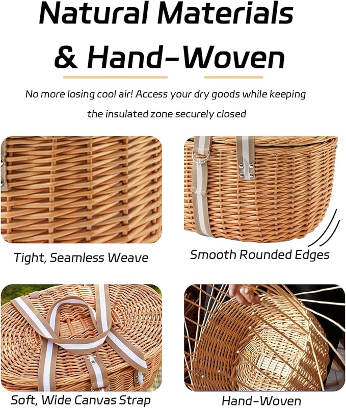 Picnic Basket for 2, Extra Large Wicker Picnic Basket Insulated, Handwoven Vintage Willow Picnic Set, 2 partitions, 8.4 Gal, Portable Camping, Outdoor, Couples Wedding Gifts, Date, Natural