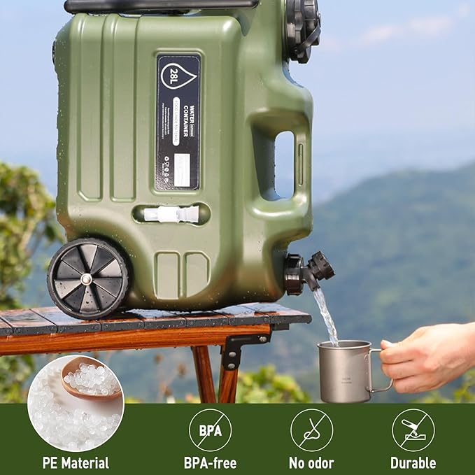 7.4 Gallon Water Jug, 28L Portable Water Container with Wheel & Pull Handl, Spigot, Cleaning Brush, Detachable Hose & Extra Lid, BPA-Free Camping Hydration Canteen, Outdoor Tank Storage PE - Green