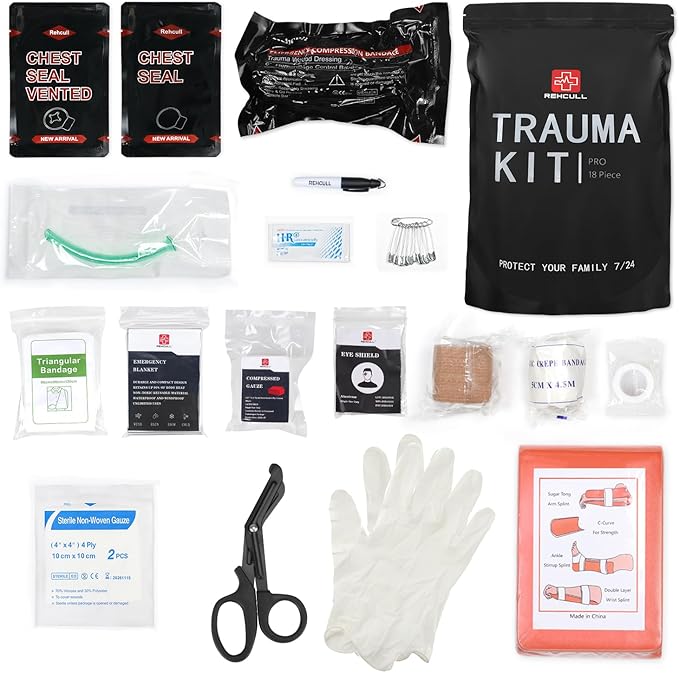 Trauma Kit, Compact IFAK Tactical Emergency Medical First Aid Kits Refill Supplies Survival Hemostatic Combat Wound Care Dressing Pack with 6”Israeli Bandage, Chest Seal for Military, 18pcs