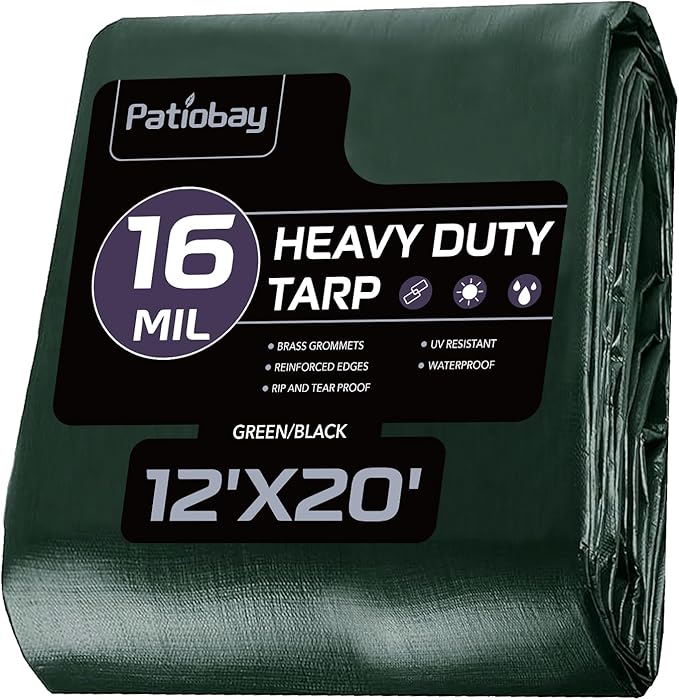 Tarp 12x20 Feet, 16 Mil Large Waterproof Tarps Heavy Duty with Brass Grommets, Thick Plastic Tarp, UV Resistant Tear&Fade Resistant, Reinforced Edges for Outdoor Pool Car Camp Tent