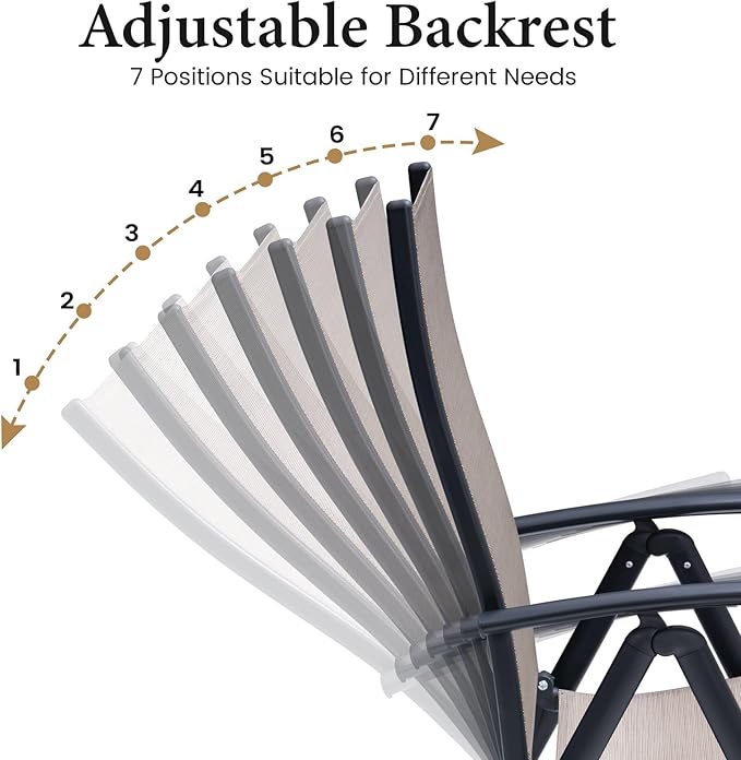 Crestlive Products Folding Patio Chairs Set of 6, Foldable Outdoor Dining Chairs 7-Level Adjustable Portable Recliner Chair for Camping, Lawn, Pool, Backyard, Brown