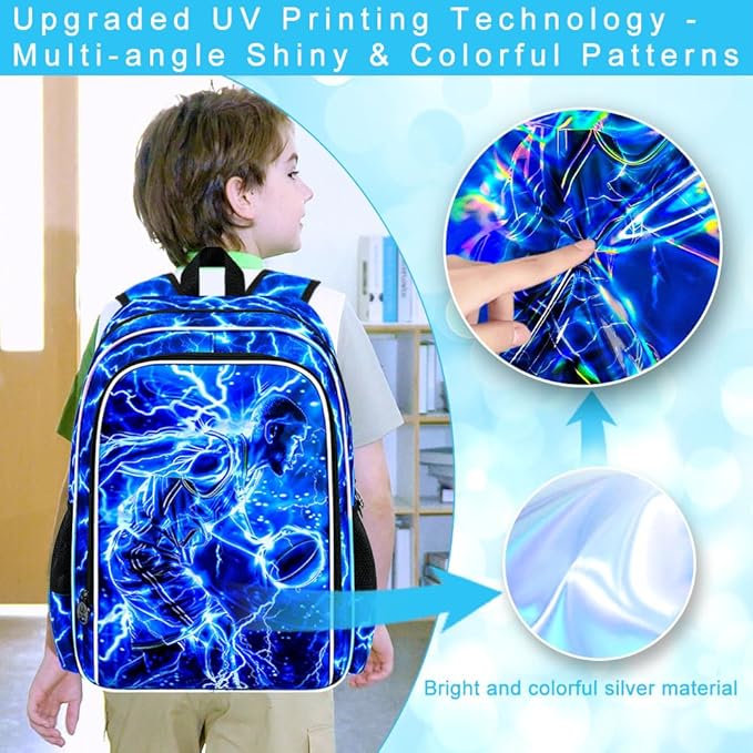 17" Basketball Backpack for Boy, 3Pcs Lightning Bookbag for Elementary Preschool Kindergarten, Kids School Backpacks with Lunch Box (Blue)