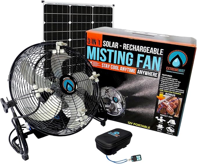 EXTREMEMIST 14” Solar Powered Misting Fan Pro – 4 Mister Nozzles, 30W Solar Panel | Detachable Pump with 16ft. Misting Line | Perfect for Outdoors, Camping, Tailgating - Cools air up to 30°F (17C)