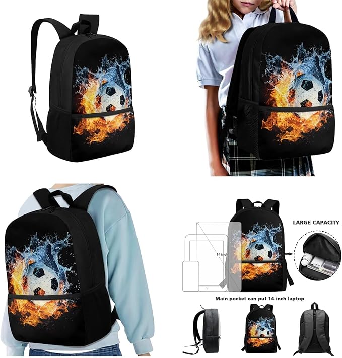 3 Pcs Water and Fire Football Printing Bag Sets Matching Portable Lunch Bag and Large Capacity Pencil Case for Kids Activities Outdoor Festival Gift