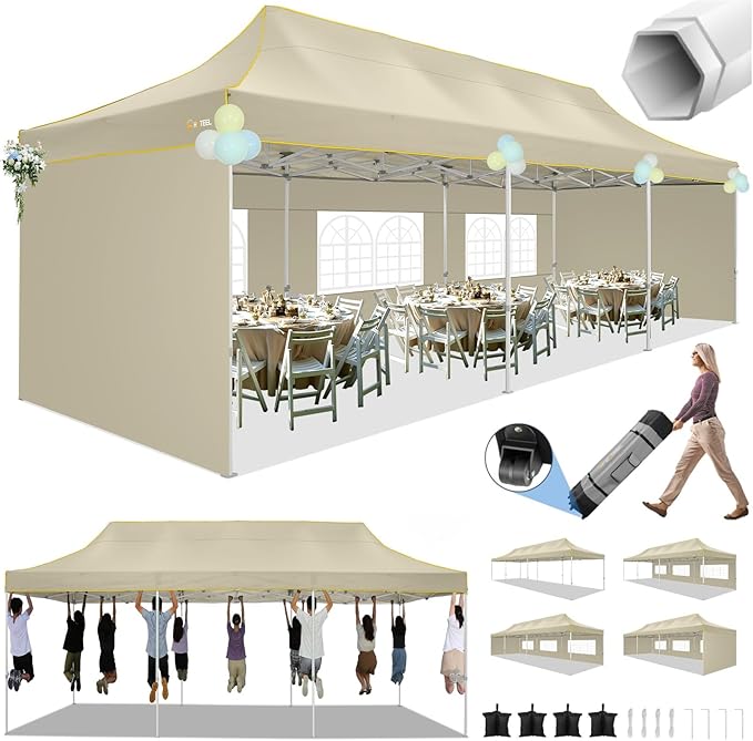 HOTEEL 10x30 Heavy Duty Pop Up Canopy Tent with 5 Sidewalls&Wheeled Bag, Commercial Event Party Tent Wedding Instant Canopy Waterproof, Upgraded Thicked Hexagonal Legs, UV 50+, Khaki