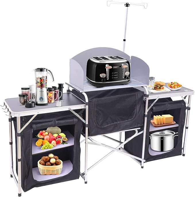 Nice C Camping Kitchen Table, Folding Grill Table, Upgrade Light Stand and Windshield Cooking Station & 3 Organizers, Carry Bag for Outdoor, Beach, BBQ, Picnic, Cooking, Indoor, Office(Silver)