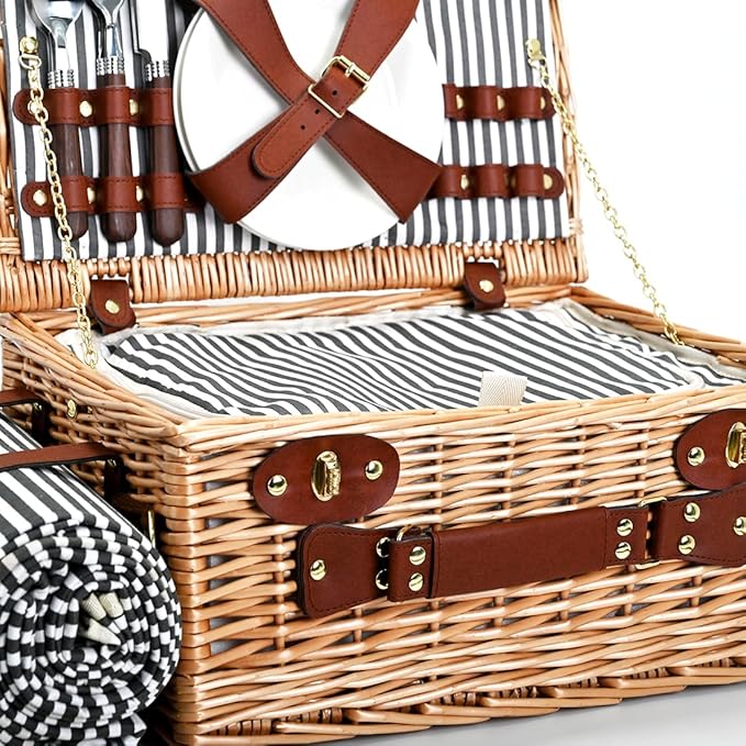 Picnic Basket with Blanket and Wine Pouch for 4, Wicker Picnic Set with Insulated Liner Cooler Bag Hamper for Camping,Wedding - Stripes