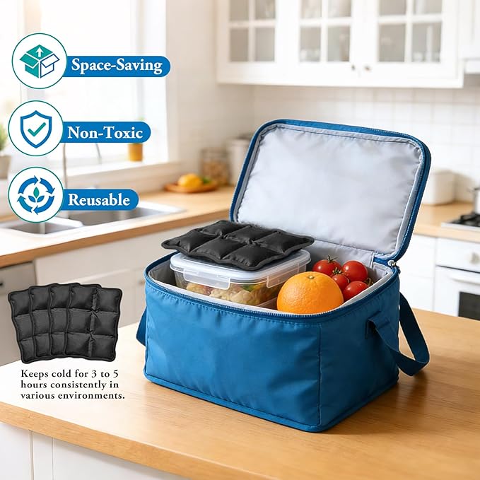 4pcs Reusable Ice Packs for Lunch Boxes & Coolers, (6”x4”x0.7”) Slim Freezer Packs for School Lunch Bags, Small Non-Toxic Cooler for Picnic & Camping