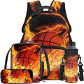 Basketball Backpack with Lunchbox Fire Bookbag Cute Lightweight Kids Bookbag with Lunch Box Boys 4pcs School Bag for Boys 8-12 Travel Outdoor Daypack Hiking Back to School Gifts