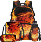 Basketball Backpack with Lunchbox Fire Bookbag Cute Lightweight Kids Bookbag with Lunch Box Boys 4pcs School Bag for Boys 8-12 Travel Outdoor Daypack Hiking Back to School Gifts