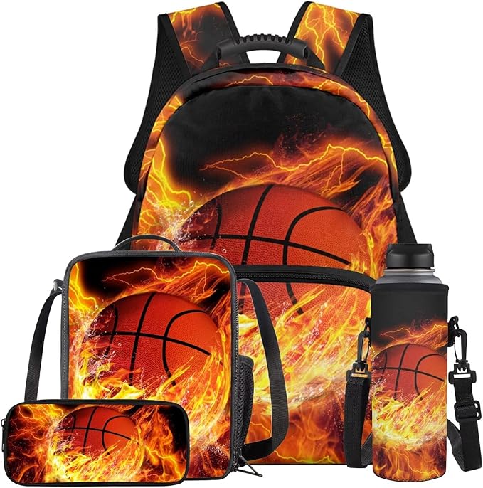 Basketball Backpack with Lunchbox Fire Bookbag Cute Lightweight Kids Bookbag with Lunch Box Boys 4pcs School Bag for Boys 8-12 Travel Outdoor Daypack Hiking Back to School Gifts