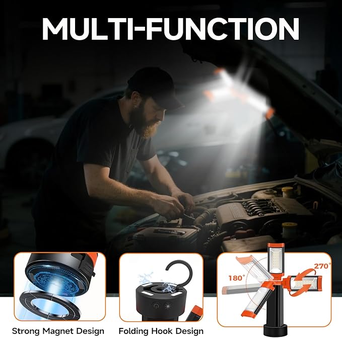 Rechargeable Camping Light with Hook and Magnet Design, 9000mAh Cordless Work Light with 3 LED Lamp Heads, 2200 Lumens Camping Essentials Gear Emergency Flashlight(NO Tripod)