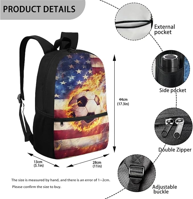 3 Set American Flag and Fire Football Print Backpack Set with Lunch Box and Large Capacity Pencil Case, Kids Book Bag Set for Boys, School Supplies Festival Gift