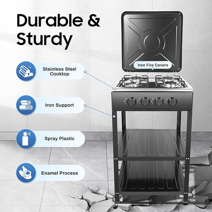 4 Burner Gas Stove, Portable Outdoor Stove with Double storage shelves and Independent Knobs, Heavy Duty Propane Gas Cooker with Wind Blocking Cover for Outdoor Camping BBQ(Black)