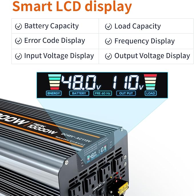 Power Inverter DC 48V to AC 110V/120V Converter with LCD Display, Wireless Controller, Cable Pair,AC outlets USB.RV Travel,Suitable for Camping,and Off-Grid Solar Systems (5000w -48v)