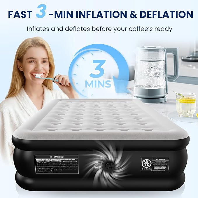 Queen Air Mattress with Built-in Pump, Heavy-Duty 800 lbs Support, 48-Hour Leak-Tested, Upgraded 3-Layer Protection PVC, 3 Min Fast Inflation, Portable Air Bed for Home, Guest & Camping