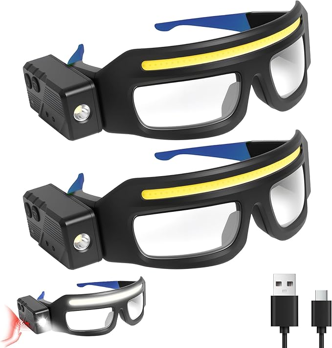 LED Headlight Glasses Rechargeable Headlight Glasses with Motion Sensor & Touch Control, Adjustable Safety Eyewear