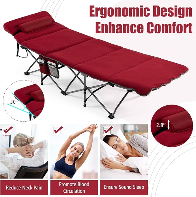 Goplus Camping Cot, Folding Camping Cot with Mattress, Pillow, Carry Bag, Storage Pocket, Camping Bed Military Cot for Home Office Nap Hiking, Heavy-Duty Portable Sleeping Cot for Adults Kids (Wine)