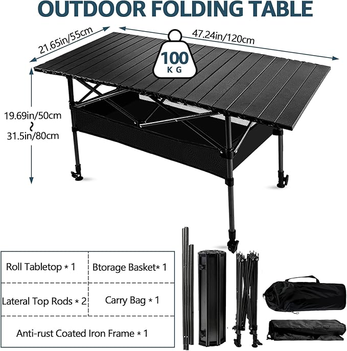 4FT Camping Table, 47" x 21" Steel Fold Up Lightweight Table, Adjustable Height Folding Picnic Table with Carry Bag for Camping, Picnic, Backyard, BBQ, Patio