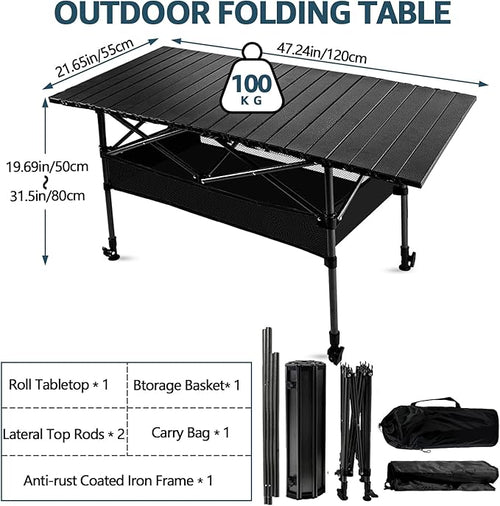 4FT Camping Table, 47" x 21" Steel Fold Up Lightweight Table, Adjustable Height Folding Picnic Table with Carry Bag for Camping, Picnic, Backyard, BBQ, Patio
