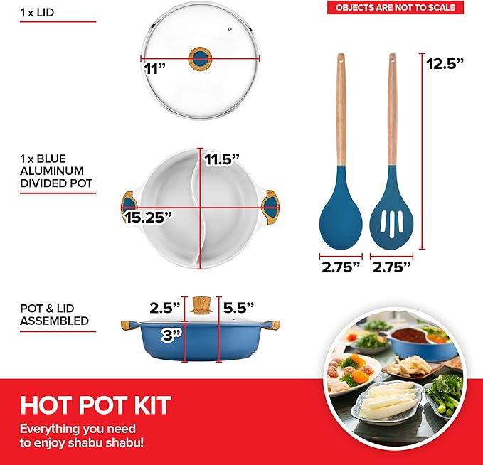 Nonstick Hot Pot with Divider, Blue Shabu Shabu with Silicone Spoons, Divided Cooker for Two Broths, Compatible with Induction, Gas Stove, or Grill