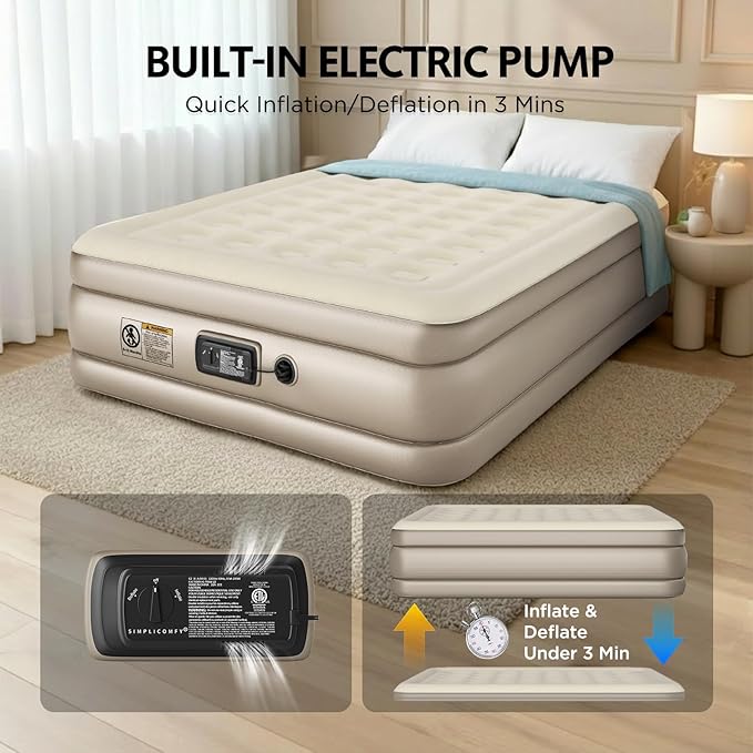 Simpli Comfy Inflatable 18” Queen Air Mattress with Built in Pump Self Inflating Blow Up Durable Heavy Duty Stay Firm Comfortable Air Bed Elevated for Home Guest Travel Relocate Camping