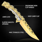 NedFoss CHAIN Pocket Knife Gifts for Her, Mothers Day Christmas Valentines Day Gifts for Women Mom Dad Wife Husband, 3.5 inch Personalized Folding Cool knives with 3D Pattern Handle, Camping Knife for Hunting Hiking (Gold)