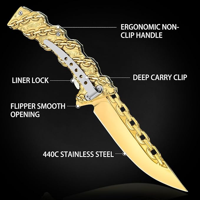 NedFoss CHAIN Pocket Knife Gifts for Her, Mothers Day Christmas Valentines Day Gifts for Women Mom Dad Wife Husband, 3.5 inch Personalized Folding Cool knives with 3D Pattern Handle, Camping Knife for Hunting Hiking (Gold)
