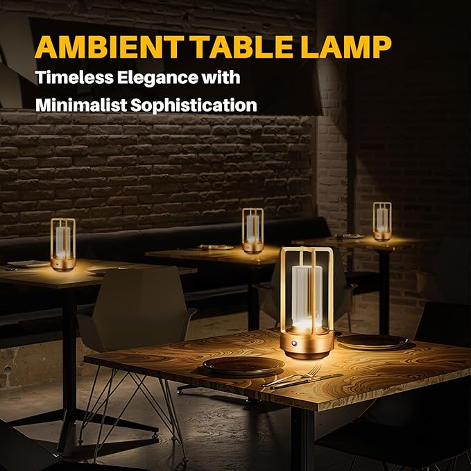 Rechargeable Table Lamp Cordless, 3 Color | Crystal | Stepless Dimming, for Bedroom, Cafe, Camping, Bar, Dining Table, Restaurant, Gold (2 Pack)
