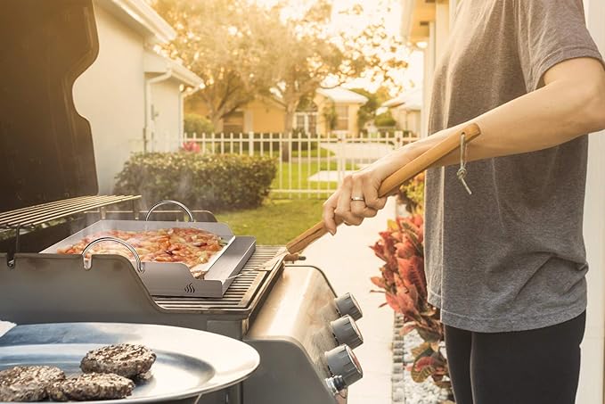 only fire Universal Stainless Steel Cooking Griddle, Flat Top Plate Insert with Grease Groove and Handles for Gas and Charcoal Grills, Tailgating, Camping and Parties, 23" x 16"