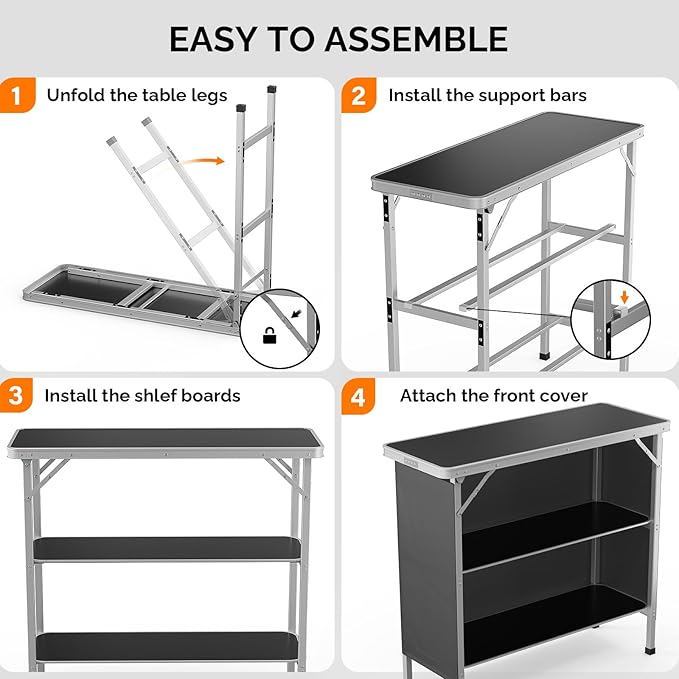 VINGLI Camping Table, Aluminum Portable Bar Table 39''L x 34''H, 2-Tier Storage Shelves, Removable Oxford Cloth, Carrying Bag, Lightweight Folding Table for Events, Outdoor, Party, Picnic