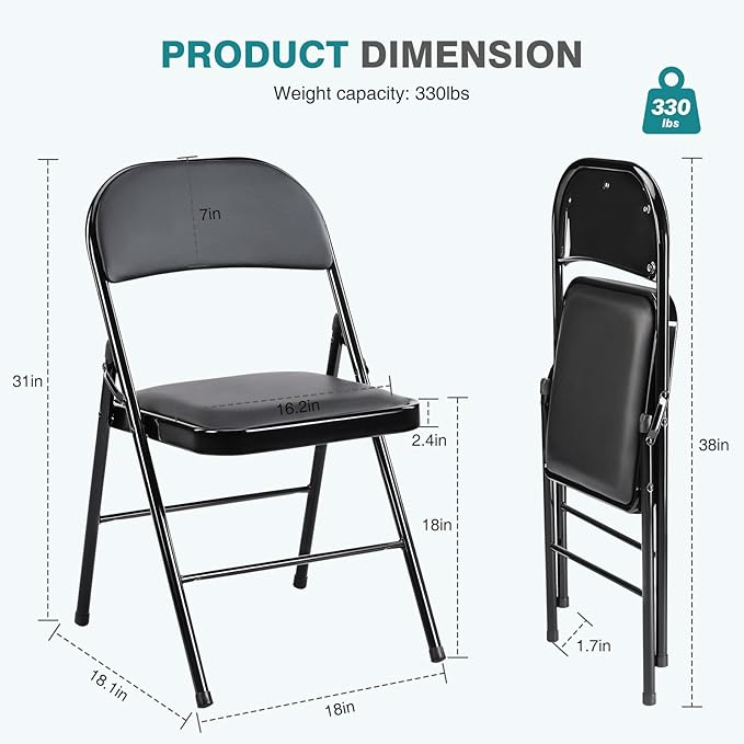 DUMOS 4 Pack PU Leather Padded Folding Chair, Indoor Outdoor Portable Stackable Seat with Steel Frame, for Home, Office, Party, Dining, Black