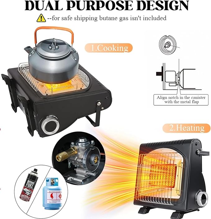 Upgraded 2 In 1 Portable Indoor Butane Heater & Stove with Self Ignition, Safe & Cordless Non Electric Heaters, Butane Emergency Heater for Power Outage, For Camping, Tents, Outdoor (New Black)