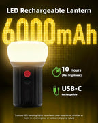 LED Rechargeable Camping Lantern with Hook - 6000mAh Emergency Outdoor Camping Lights, IPX5 Water Resistant Portable Tent Lights for Hiking, Backpacking, Fishing, Outages (Black 2Pack)