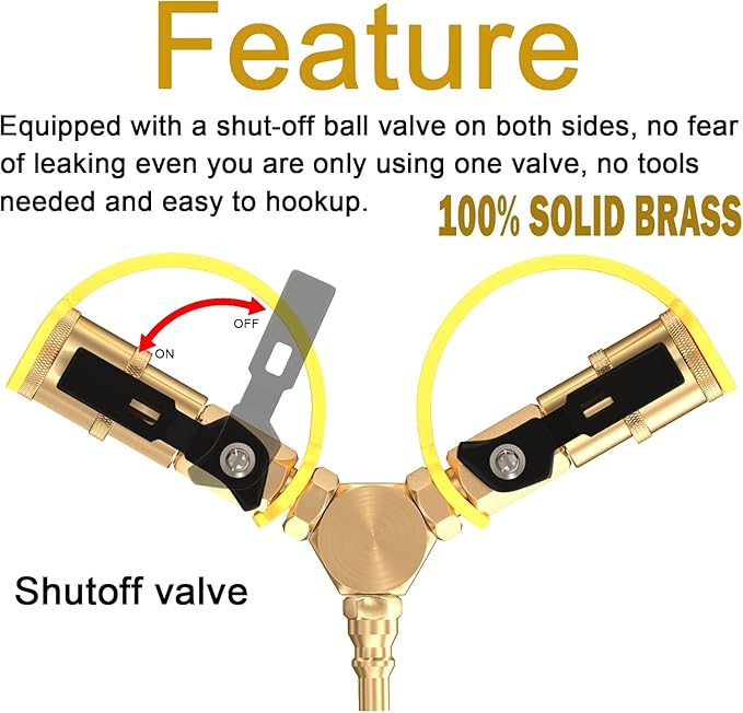 GardenNow 1/4" RV Propane Quick Connect Y Splitter Adapter with Shutoff Valve for RV Trailer, Quick Connect Propane Hose Connect to Motorhome Tabletop Camping Grill 2 Way 1/4" Quick Disconnect Kit