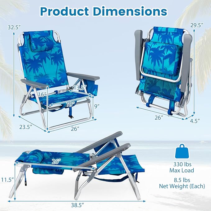 Goplus Beach Chair, Folding Backpack Beach Chairs for Adults with 5 Positions, Head Pillow, Cooler Bag, Towel Bar, Cup Holders, Sunbath Sling Tanning Lounge, Foldable Layout Camping Chairs