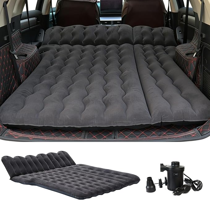 Car Air Mattress, Inflatable SUV Truck Camping Mattress for Back Seat, Thickened Travel Car Bed Sleeping Pad with Air Pump 2 Pillows (SUV-Black, SUV Air Mattress)