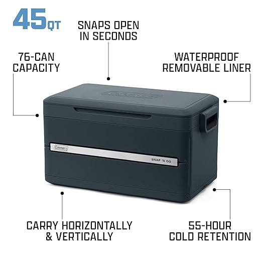 Coleman Snap 'N Go 45-Quart Collapsible Hard Cooler, Portable Hard-Sided Cooler with Waterproof Removable Liner, Space-Saving & Quick Set Up, 55 Hours Cold, Mussel Grey